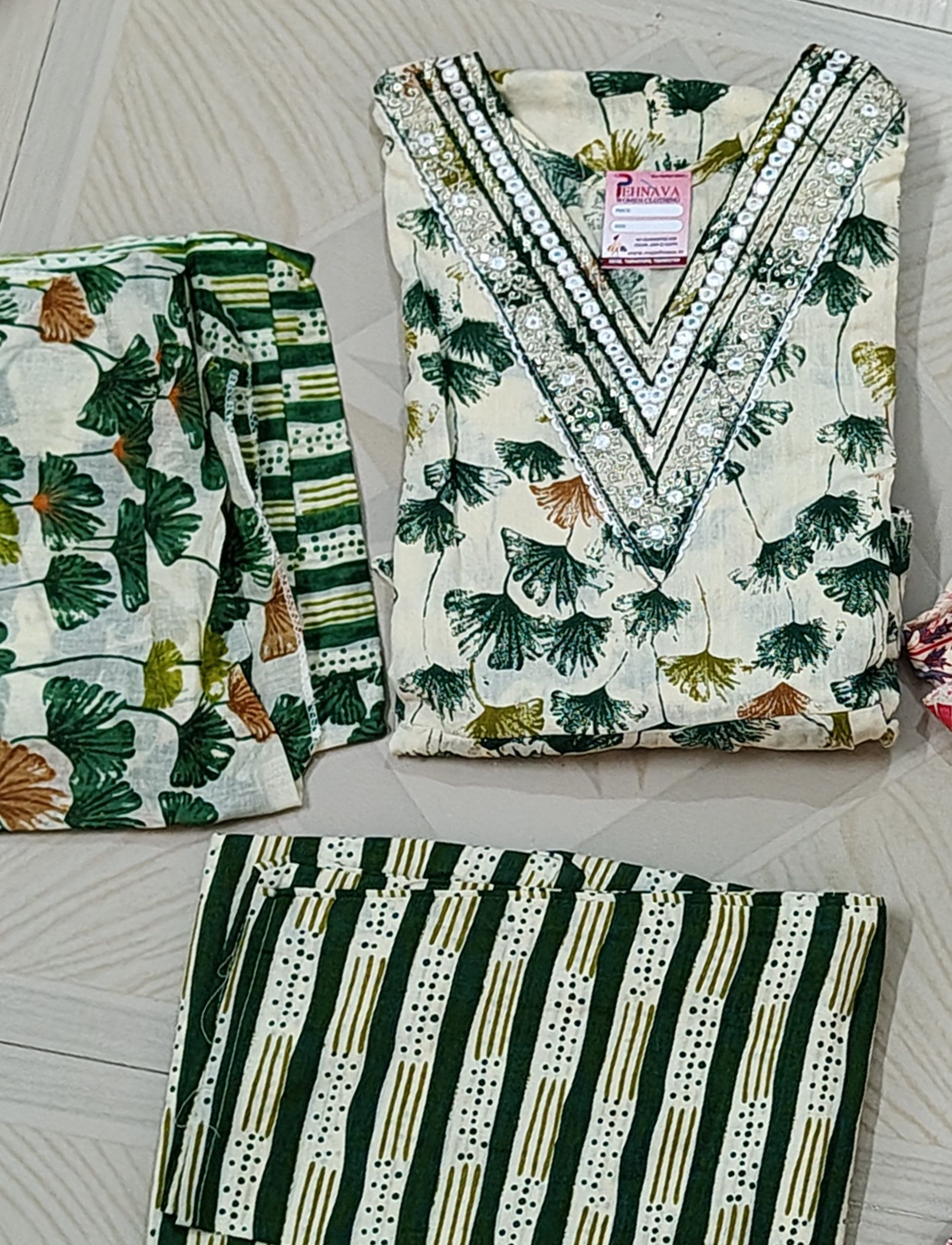 Designer cotton green anarkali 3 pc set