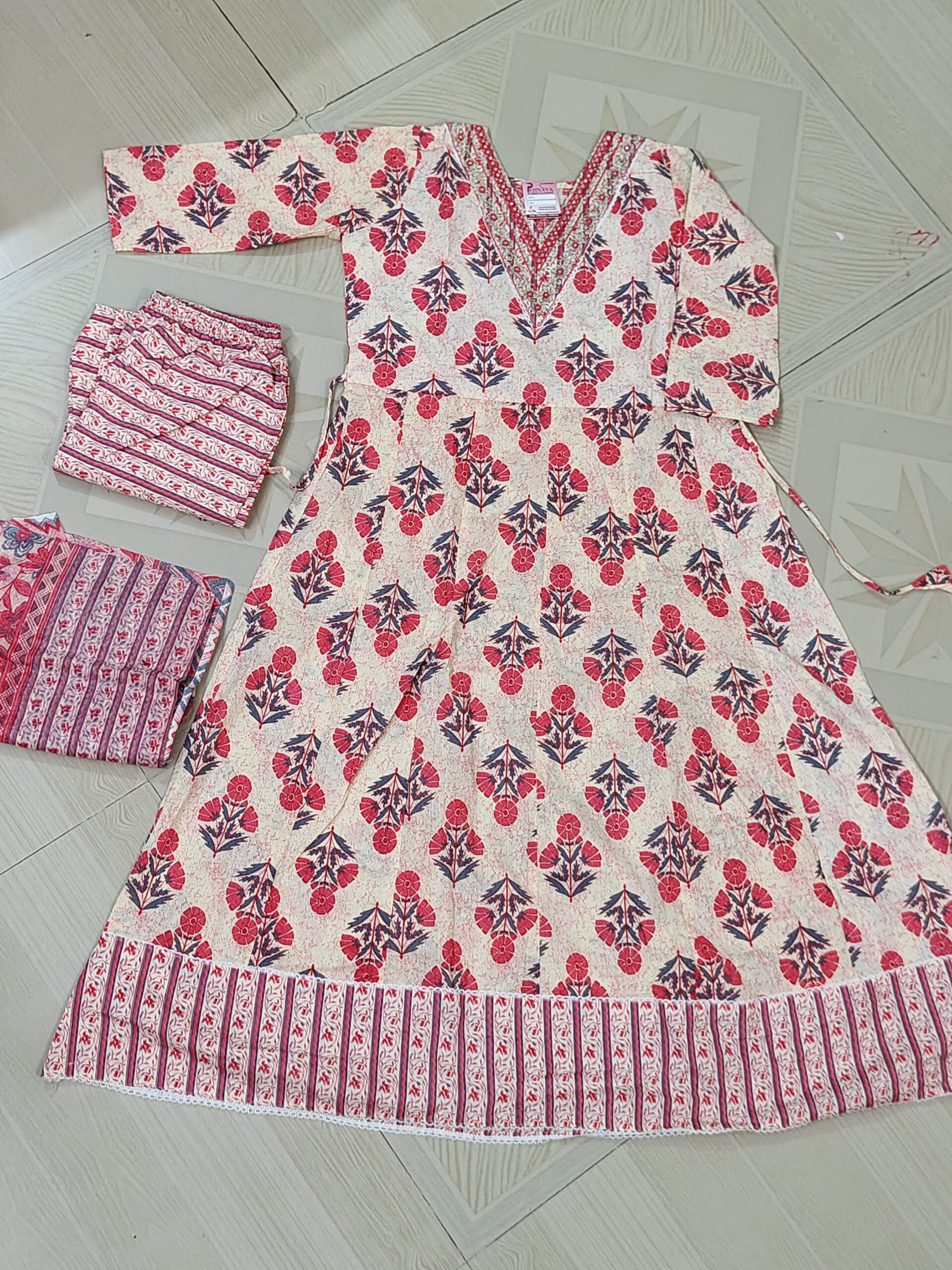 Designer cotton cream anarkali 3pc set - Image 2