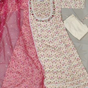 fabulous pink flower anarkali 3 pc set